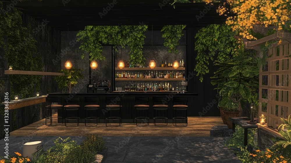 Obraz premium A stylish bar area with potted plants creating a fresh and lively atmosphere.