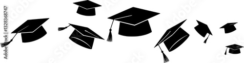 Set of flying graduation caps. Collection of students toss caps. Black white vector illustration.
