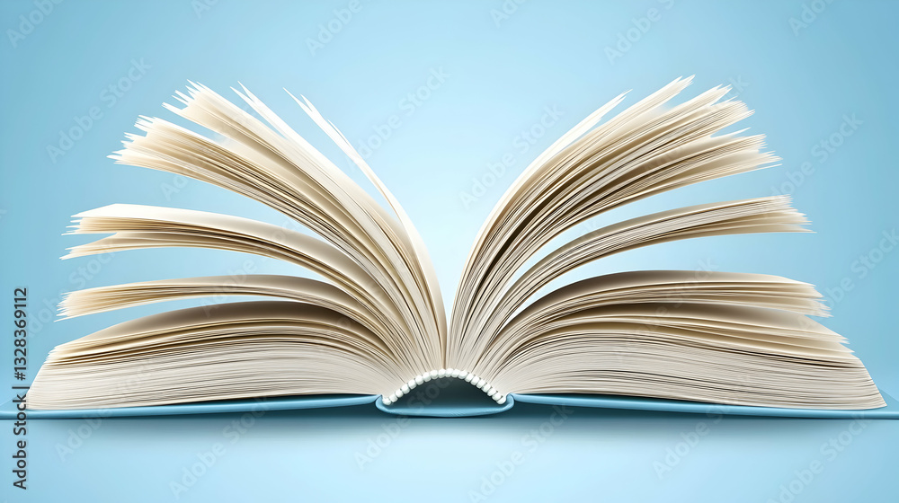 Open Book with Pages in Motion on Soft Blue Background Open Book with Pages in Motion on Soft Blue Background