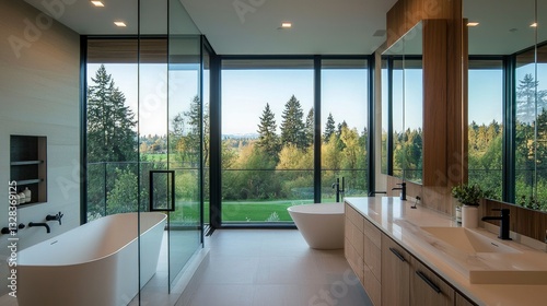 Modern bathroom with panoramic views, featuring a freestanding tub and double vanity