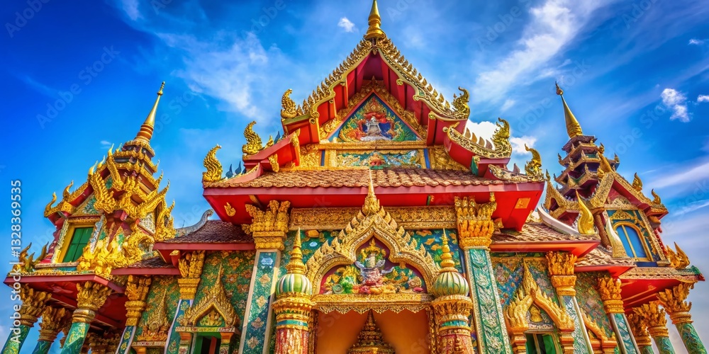 Fototapeta premium Serene Thai Buddhist Sanctuary: Ancient Sculpture, Blue Sky