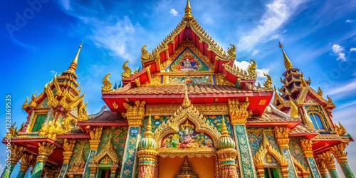 Serene Thai Buddhist Sanctuary: Ancient Sculpture, Blue Sky
