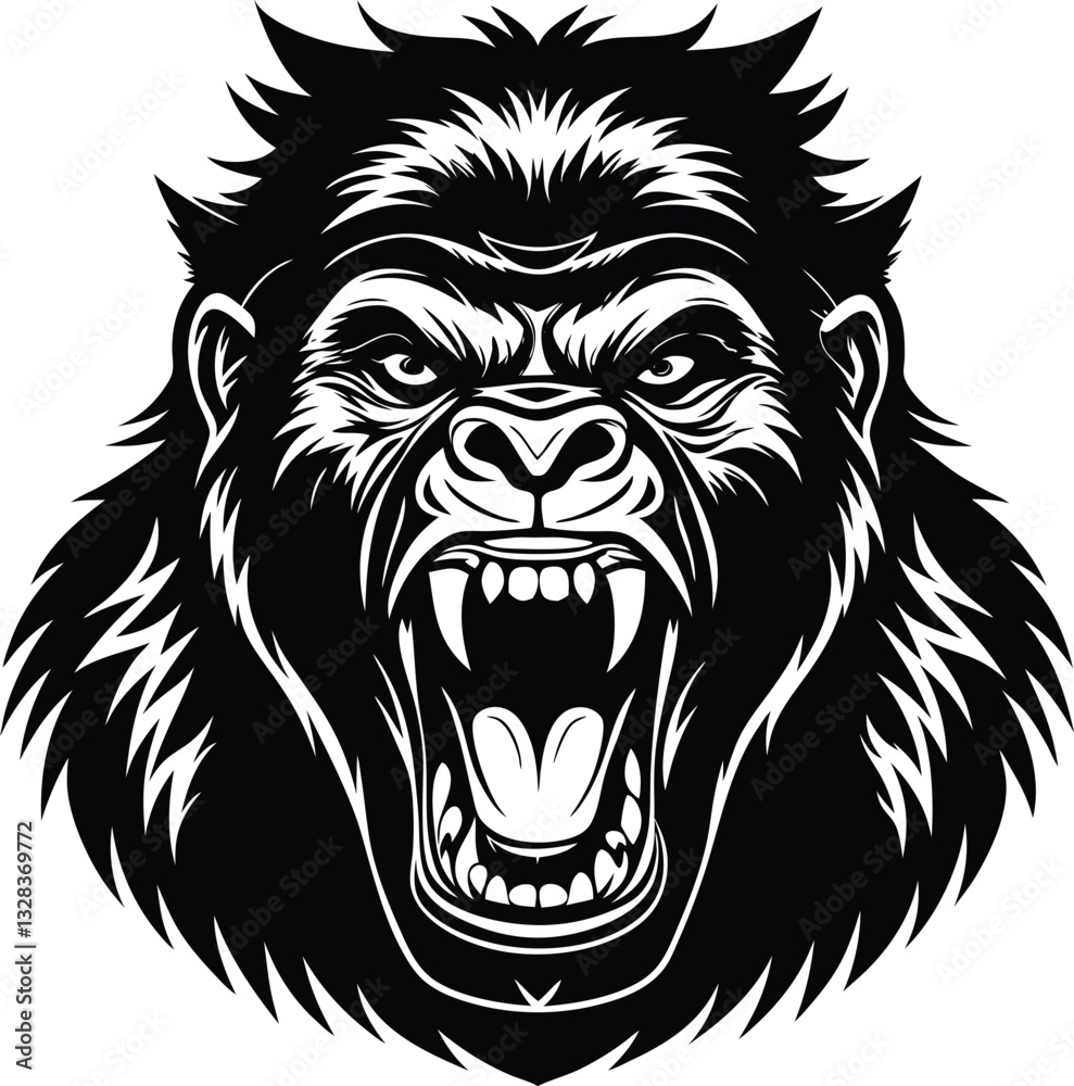 Obraz premium Roaring Gorilla Face Silhouette Vector Illustration, Minimal Monochrome Wild Animal Icon, Bold and Fierce Ape Head Logo Design