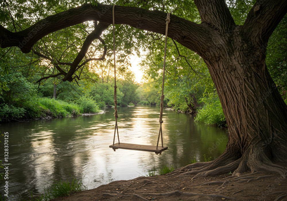 Obraz premium A weathered rope swing hanging from a gnarled tree branch over a quiet river