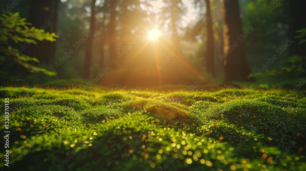 Fototapeta premium Serene pine forest with mossy ground, detailed tree bark, and dappled sunlight through mist