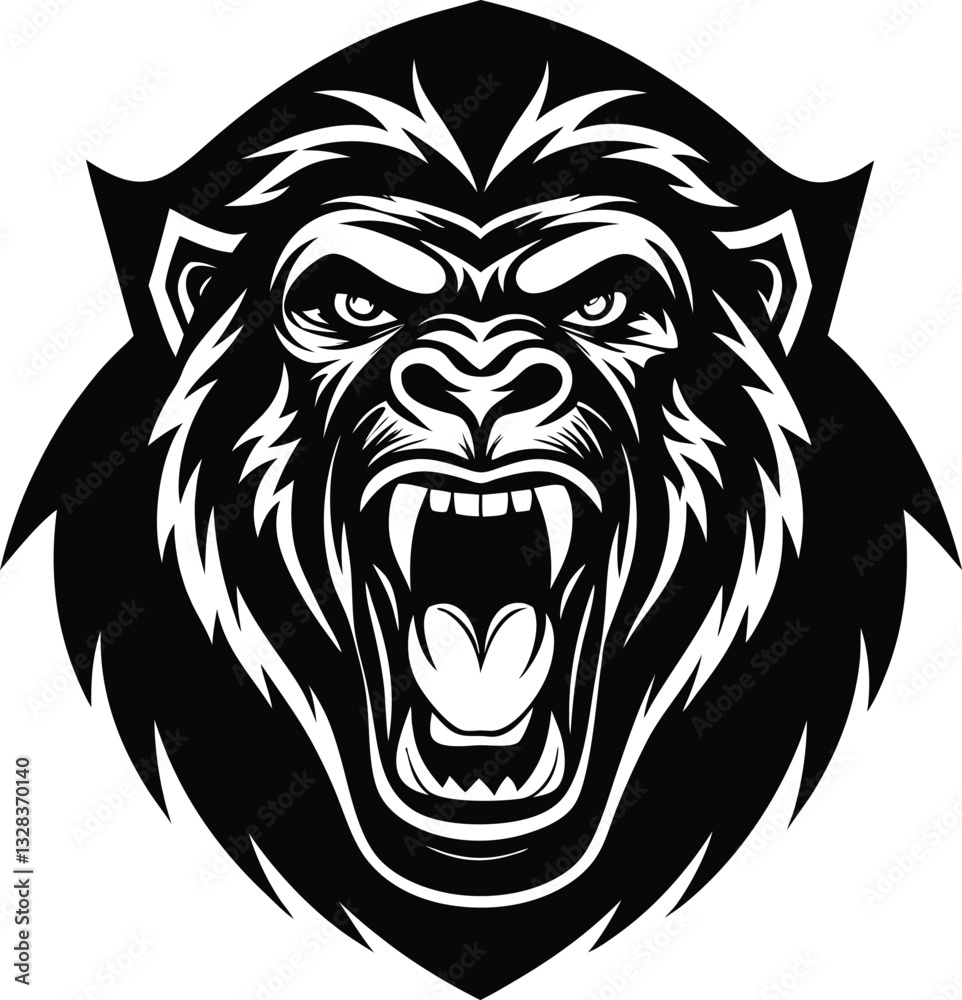 Fototapeta premium Roaring Gorilla Face Silhouette Vector Illustration, Minimal Monochrome Wild Animal Icon, Bold and Fierce Ape Head Logo Design
