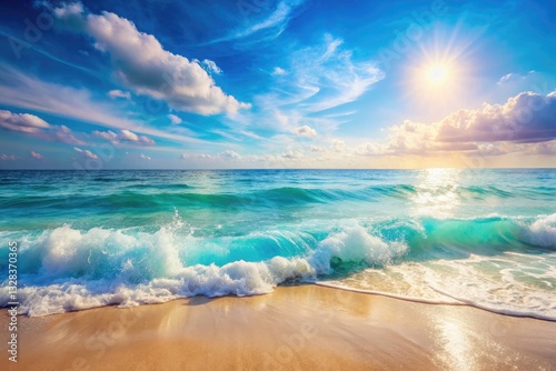 Pastel blue ocean waves with soft gradient effect. Summer vibe, blue ocean waves with golden sand, sunlight shining on the sea