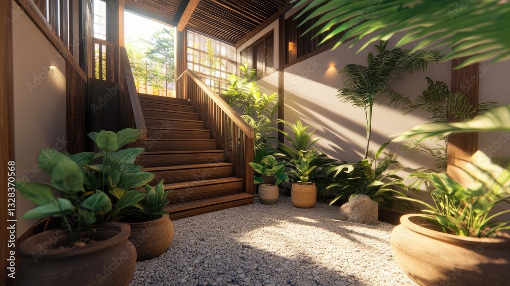 Fototapeta premium A warm and inviting home interior featuring earth-toned planters and lush foliage.