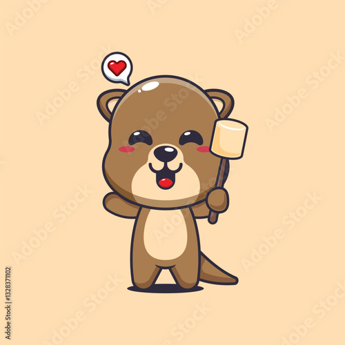 Otter cartoon vector illustration eating marshmallow