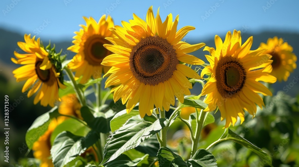 Vibrant sunflower field under clear blue sky close up of textured petals and seeds in foreground Vibrant sunflower field under clear blue sky close up of textured petals and seeds in foreground