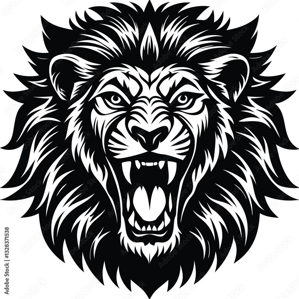 Obraz premium Roaring Lion Face Silhouette Vector Illustration, Minimal Monochrome Wild Animal Icon, Bold and Fierce Lion Head Logo Design
