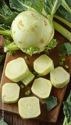 Fresh kohlrabi cut into wedges on a wooden board, ready for cooking.