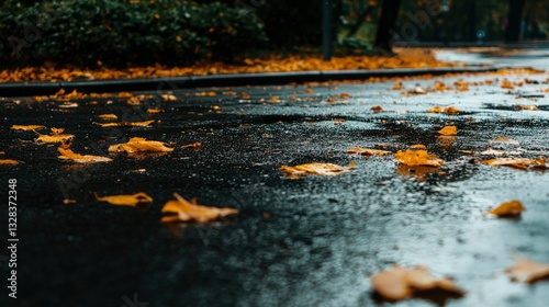 Wet asphalt road covered with fallen autumn leaves after rain