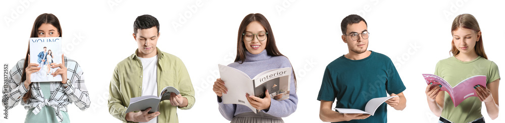 Set of different people with magazines isolated on white background Set of different people with magazines isolated on white background
