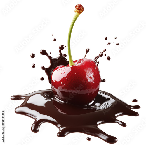 Delicious cherries splash in rich melted chocolate, creating tempting scene of indulgence and delight. Isolated On Transparent Background