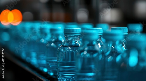 Conveyor belt of small, clear plastic bottles filled with water. Clean production line