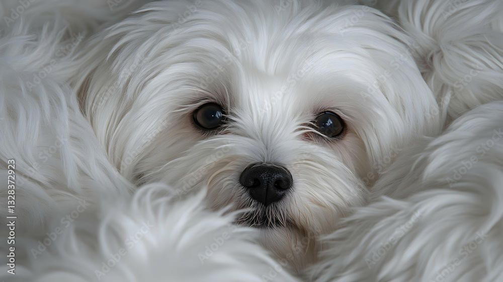 Cute White Dog Surrounded by Soft Fluffy Fur in Cozy Environment Cute White Dog Surrounded by Soft Fluffy Fur in Cozy Environment