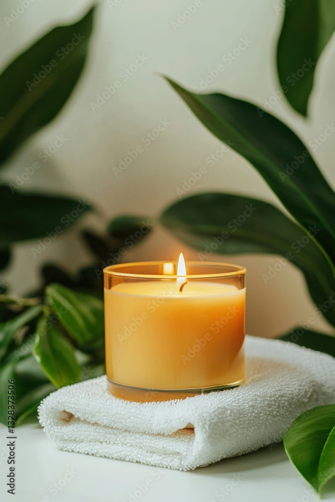 Lit candle on white towel, surrounded by lush green leaves. Relaxing spa-like atmosphere Lit candle on white towel, surrounded by lush green leaves. Relaxing spa-like atmosphere