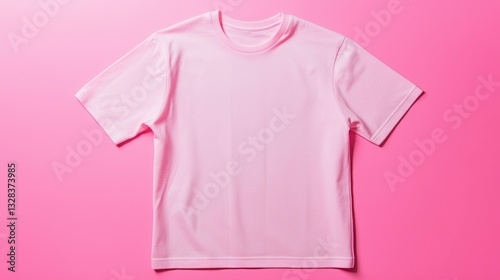 Flat lay of a pink short-sleeved t-shirt on a pink background