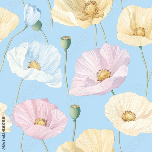 Pattern of pastel poppies in soft pinks, yellows, and blues on a sky blue background, Watercolor print in rustic vintage style, textile or wallpapers.