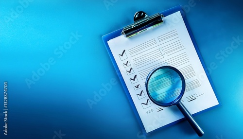 A clipboard with a checklist and a magnifying glass on a blue background, emphasizing organization and attention to detail.