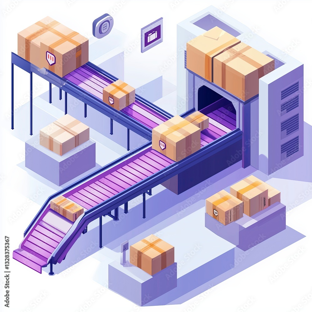 Isometric Flat Design of a Modern Parcel Sorting Center with Conveyor Belts Isometric Flat Design of a Modern Parcel Sorting Center with Conveyor Belts