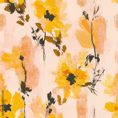 Abstract yellow floral watercolor pattern on a peach background, with brush strokes and flowers in various sizes. Watercolor print in rustic vintage style, textile or wallpapers.