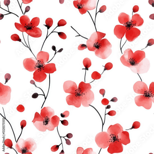 Wallpaper Mural Red flowers with black branches, painted in a watercolor style on a white background, Watercolor print in rustic vintage style, textile or wallpapers. Torontodigital.ca