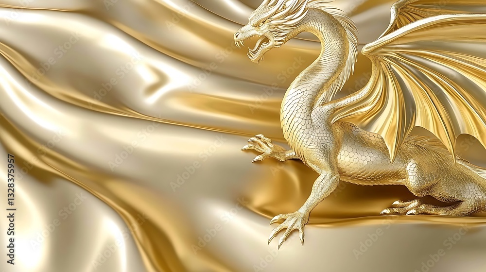 Fototapeta premium Golden dragon statue on silk fabric.