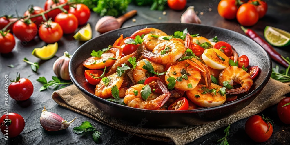 Silhouetted Shrimp Scampi with Tomatoes, Onions & Parsley - Delicious Seafood Dish Silhouetted Shrimp Scampi with Tomatoes, Onions & Parsley - Delicious Seafood Dish
