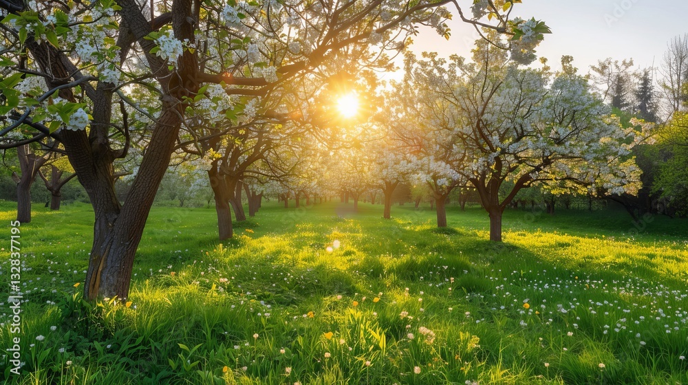 Fototapeta premium Vibrant spring orchard in full bloom with delicate pink and white blossoms under warm sunlight
