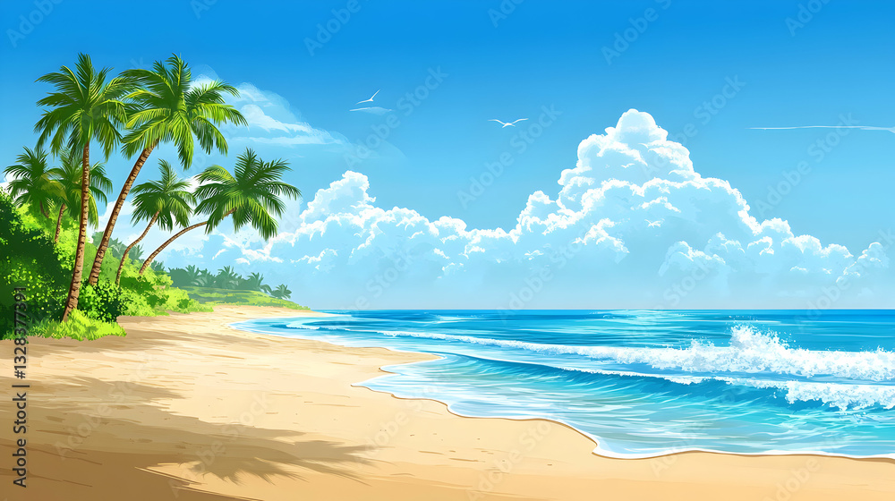 Fototapeta premium Tropical Beach Scene with Palm Trees and Scenic Ocean View