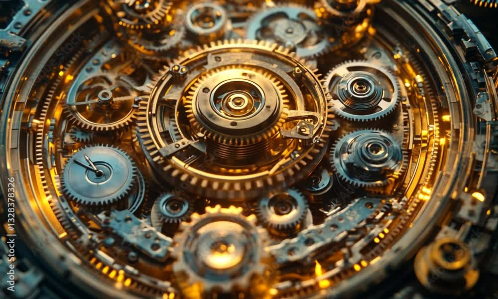 Intricate close-up of a complex mechanical clockwork mechanism with glowing gears and cogs Intricate close-up of a complex mechanical clockwork mechanism with glowing gears and cogs