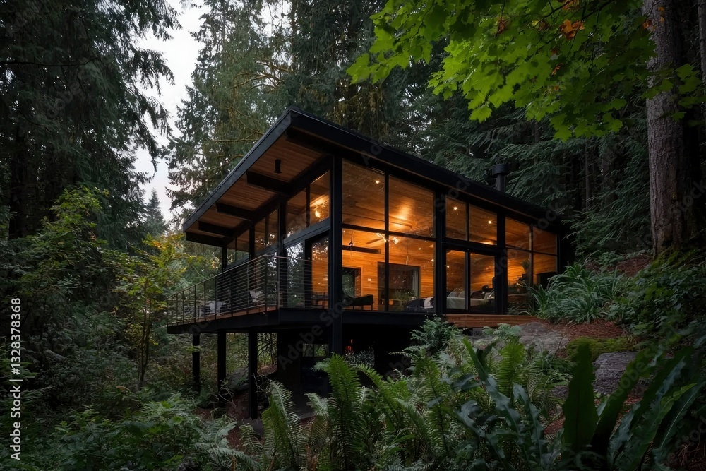 Modern glass cabin nestled in lush forest, illuminated interior visible through large windows Modern glass cabin nestled in lush forest, illuminated interior visible through large windows