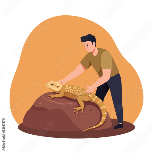 Person Stroking a Lizard on a Rock Pet Ownership Illustration