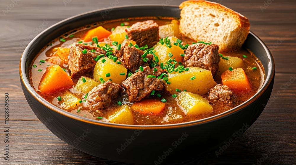 Hearty Beef Stew with Potatoes and Carrots in Dark Bowl Hearty Beef Stew with Potatoes and Carrots in Dark Bowl