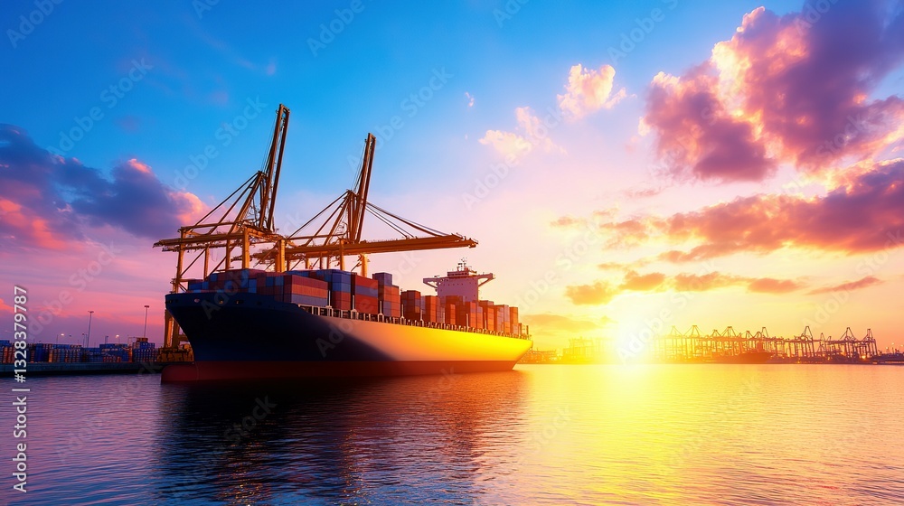 Fototapeta premium A large cargo ship docked in the harbor at sunset