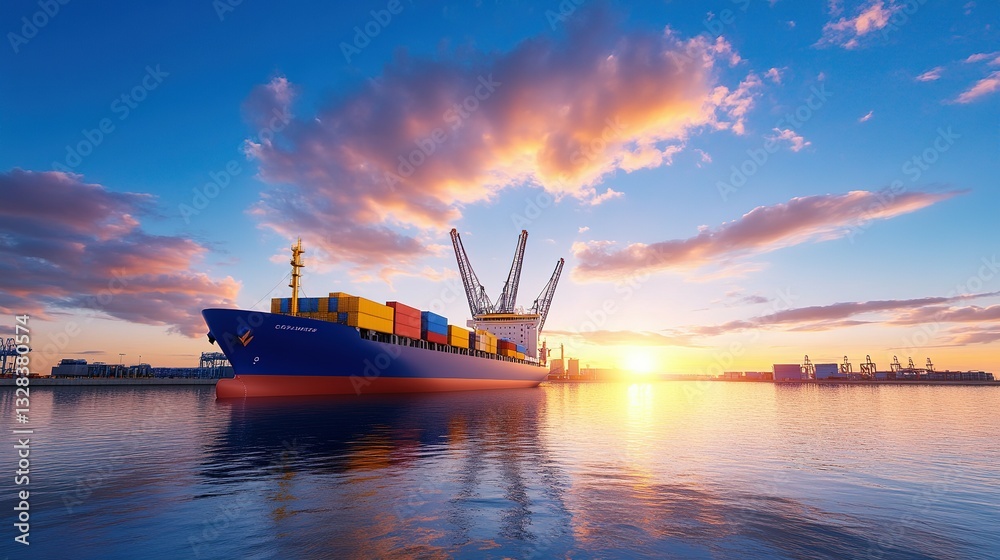 Large cargo ship docked in the harbor at sunrise or sunset Large cargo ship docked in the harbor at sunrise or sunset