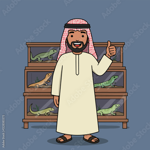 Man Giving Thumbs Up with Lizards in Terrariums Behind Him