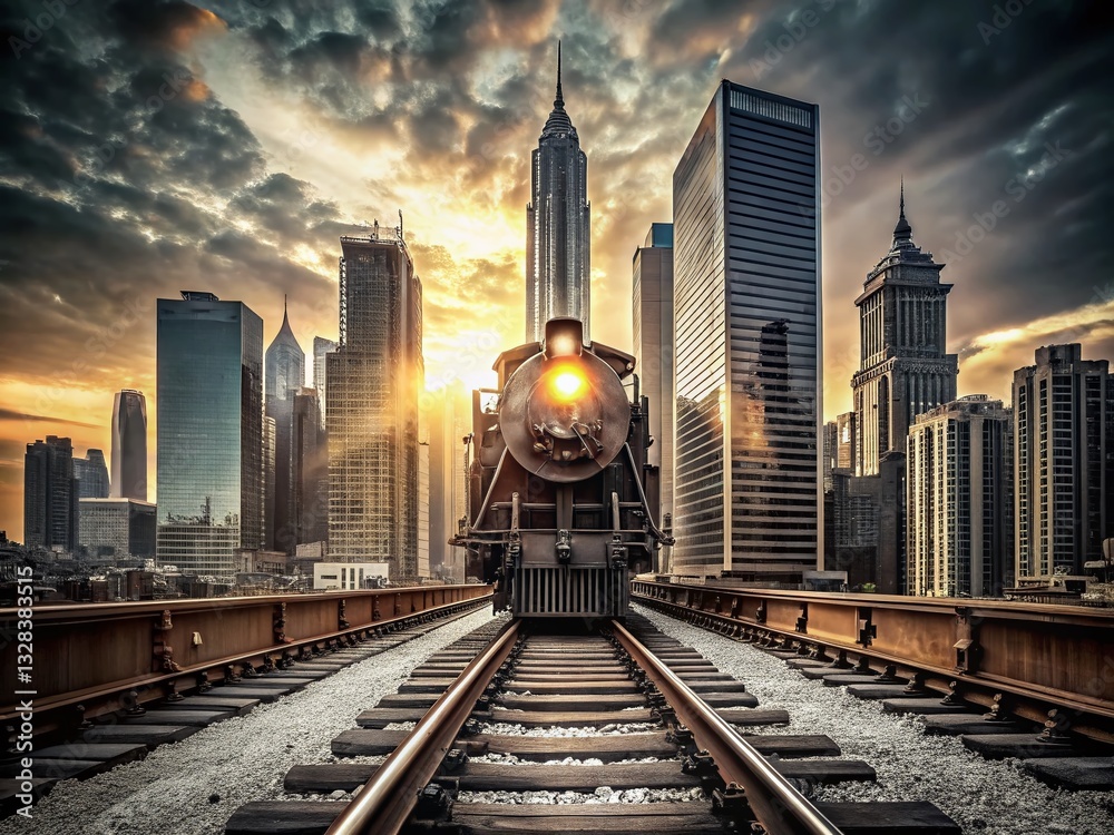 Fototapeta premium Silhouette of Vintage Steam Locomotive in Urban Setting - Black and White Stock Photo