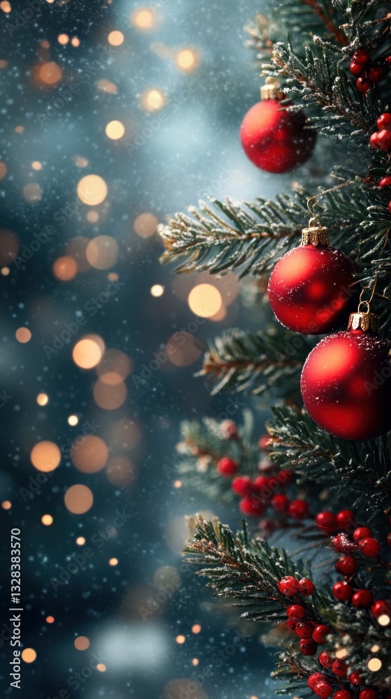 Festive Christmas tree branch with red ornaments, berries, and bokeh lights. Festive Christmas tree branch with red ornaments, berries, and bokeh lights.