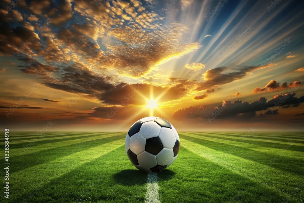 Fototapeta premium Silhouette Soccer Ball on Green Striped Field - Dramatic Sports Image