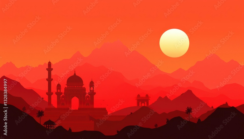Obraz premium Sunset silhouettes of mosque and mountains