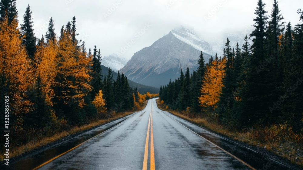 Scenic autumn road leads to majestic mountains under a misty sky