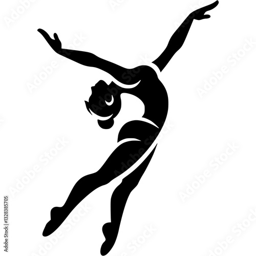 Sport emblem of girl gymnast graceful stand with back bend in monochrome. Engraving minimalistic vector in black ink drawing on transparent background