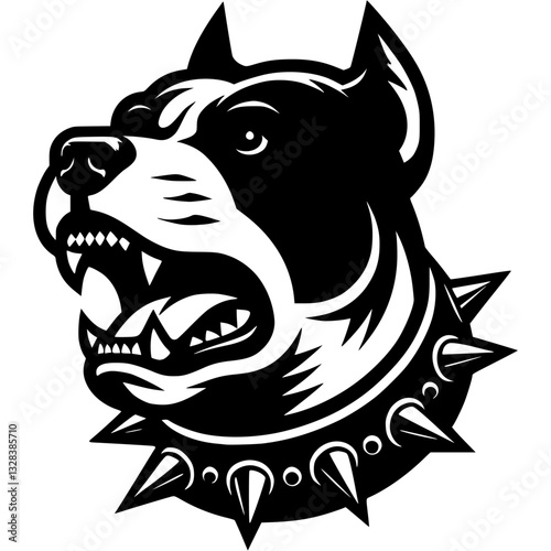 Tattoo of angry Staffordshire Terrier dog head in monochrome. Staffordshire dog in spiked collar. Engraving minimalistic vector in black ink drawing on transparent background