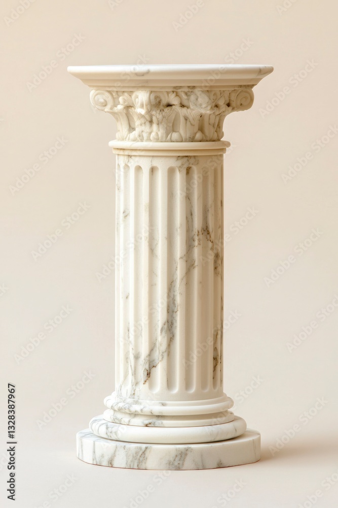 Elegant marble column, classic design, detailed carvings, light beige Elegant marble column, classic design, detailed carvings, light beige