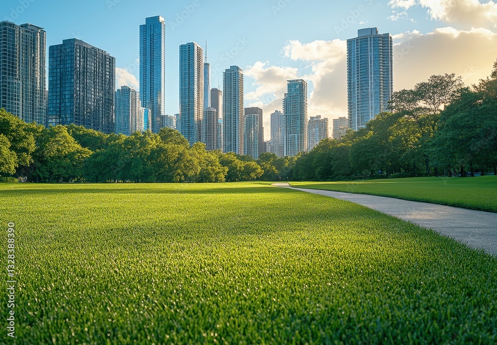 Obraz premium Serene Green Park with Lush Grass and Urban Skyline at Sunset, Showcasing Contrast Between Nature and City Life in Vibrant Atmosphere