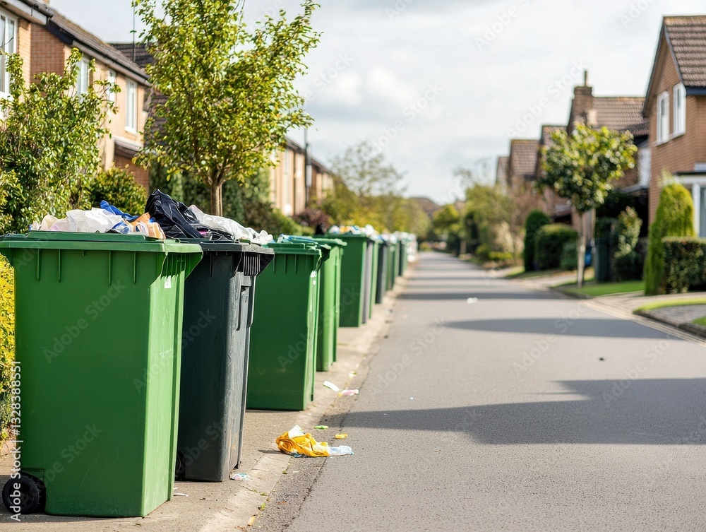 Residential street with lined trash bins, highlighting waste management challenges. Residential street with lined trash bins, highlighting waste management challenges.