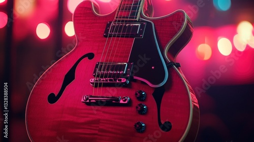 A beautiful red electric guitar with strings and a black pickguard